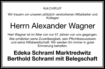 Traueranzeige von Alexander Wagner von Frankenpost