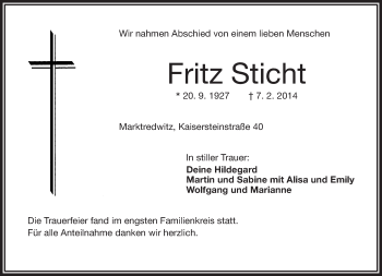 Traueranzeige von Fritz Sticht von 23320
