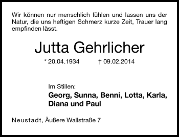 Traueranzeige von Jutta Gehrlicher von Neue Presse Coburg