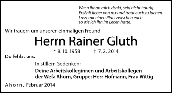 Traueranzeige von Rainer Gluth von Neue Presse Coburg