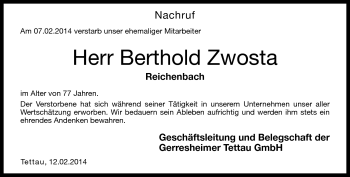 Traueranzeige von Berthold Zwosta von Neue Presse Coburg