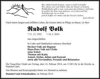 Traueranzeige von Rudolf Volk von Südthüringer Presse