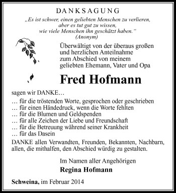 Traueranzeige von Fred Hofmann von Südthüringer Presse