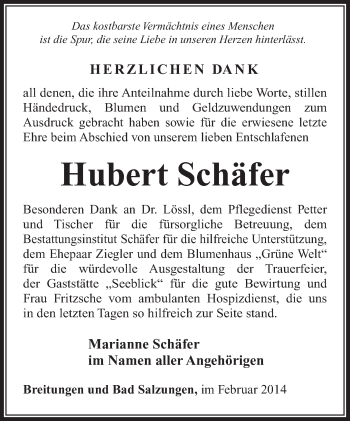 Traueranzeige von Hubert Schäfer von 26011