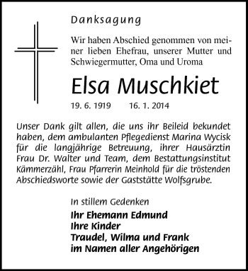 Traueranzeige von Elsa Muschkiet von Südthüringer Presse