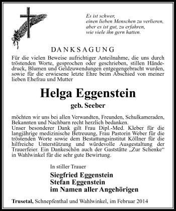Traueranzeige von Helga Eggenstein von Südthüringer Presse