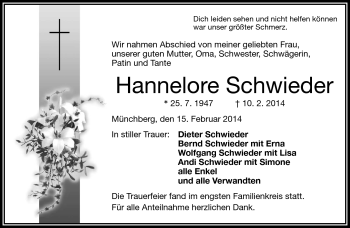 Traueranzeige von Hannelore Schwieder von Frankenpost