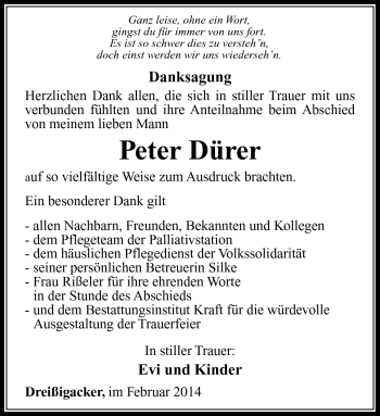 Traueranzeige von Peter Dürer von Südthüringer Presse
