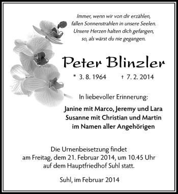 Traueranzeige von Peter Blinzler von Südthüringer Presse
