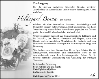 Traueranzeige von Hildegard Benna von Südthüringer Presse