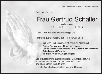 Traueranzeige von Gertrud Schaller von 26315