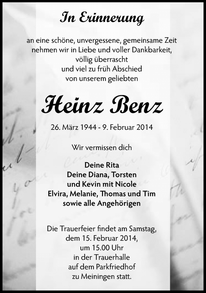  Traueranzeige für Heinz Benz vom 13.02.2014 aus Südthüringer Presse