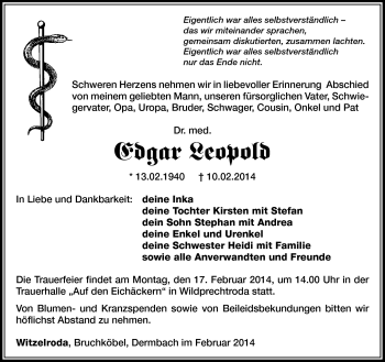 Traueranzeige von Edgar Leopold von Südthüringer Presse