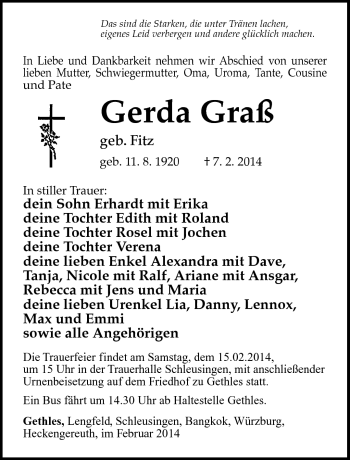 Traueranzeige von Gerda Graß von Südthüringer Presse