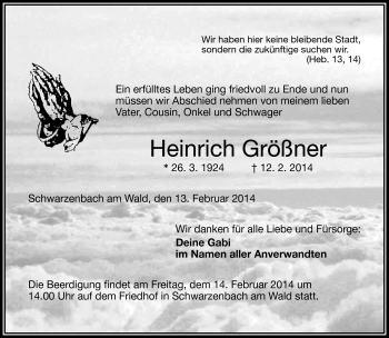Traueranzeige von Heinrich Größner von Frankenpost