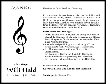Traueranzeige von Willi Held von Südthüringer Presse