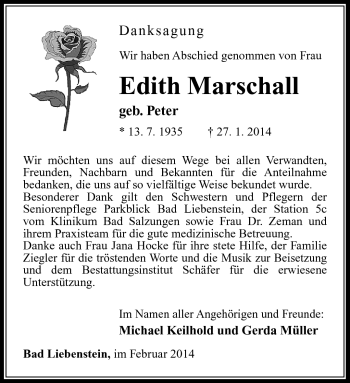 Traueranzeige von Edith Marschall von Südthüringer Presse