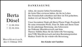 Traueranzeige von Berta Düsel von Neue Presse Coburg