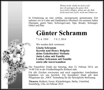 Traueranzeige von Günter Schramm von Südthüringer Presse