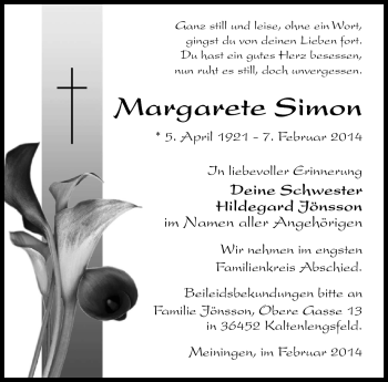 Traueranzeige von Margarete Simon von Südthüringer Presse