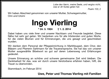 Traueranzeige von Inge Vierling von Frankenpost