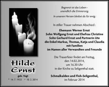 Traueranzeige von Hilde Ernst von Südthüringer Presse