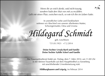 Traueranzeige von Hildegard Schmidt von Südthüringer Presse