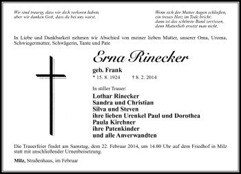 Traueranzeige von Erna Rinecker von Südthüringer Presse