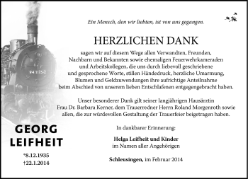 Traueranzeige von Georg Leifheit von Südthüringer Presse