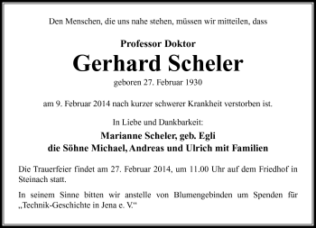 Traueranzeige von Gerhard Scheler von Südthüringer Presse