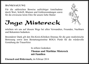 Traueranzeige von Inge Mistereck von Südthüringer Presse