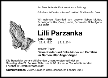 Traueranzeige von Lilli Parzanka von Südthüringer Presse