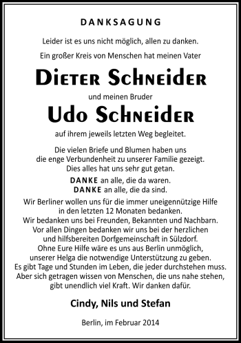 Traueranzeige von Dieter und Udo Schneider von Südthüringer Presse