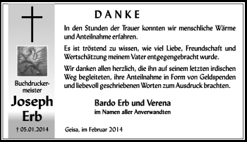 Traueranzeige von Joseph Erb von Südthüringer Presse