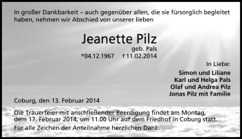 Traueranzeige von Jeanette Pilz von Neue Presse Coburg