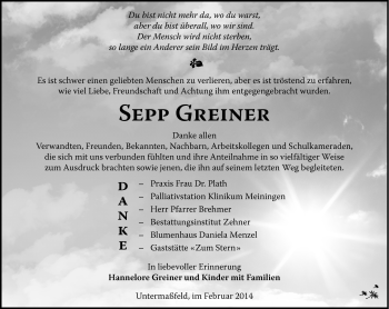Traueranzeige von Sepp Greiner von Südthüringer Presse