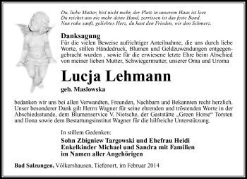 Traueranzeige von Lucja Lehmann von Südthüringer Presse