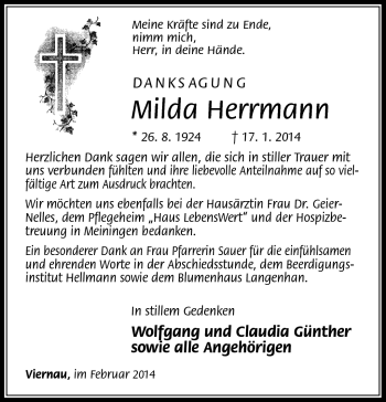 Traueranzeige von Milda Herrmann von Südthüringer Presse
