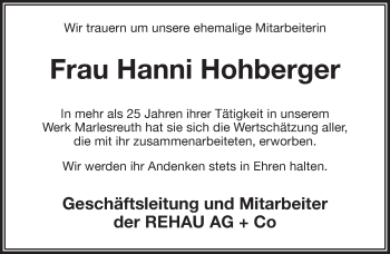 Traueranzeige von Hanny Hohberger von 23318