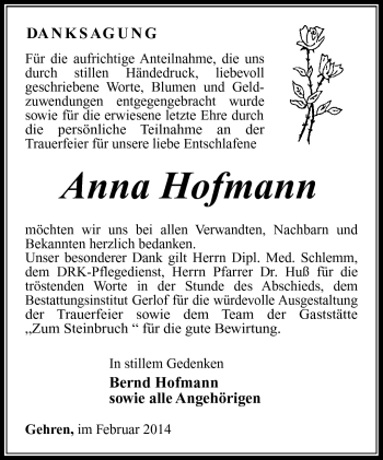 Traueranzeige von Anna Hofmann von Südthüringer Presse