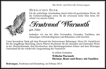 Traueranzeige von Irmtraud Warmuth von Südthüringer Presse
