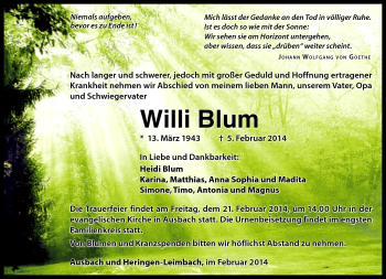 Traueranzeige von Willi Blum von Südthüringer Presse