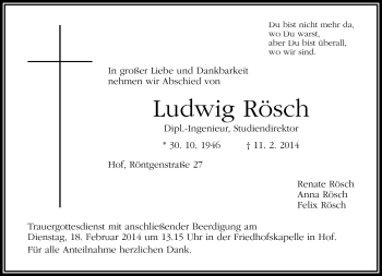 Traueranzeige von Ludwig Rösch von Frankenpost