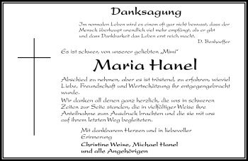 Traueranzeige von Maria Hanel von Frankenpost