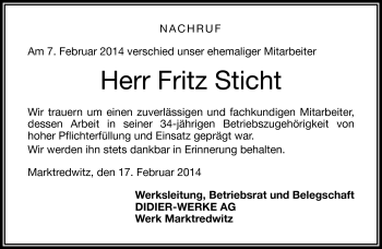 Traueranzeige von Fritz Sticht von Frankenpost