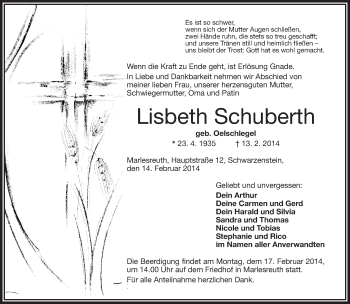Traueranzeige von Lisbeth Schuberth von 23318