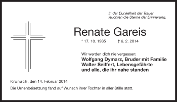 Traueranzeige von Renate Gareis von 23049