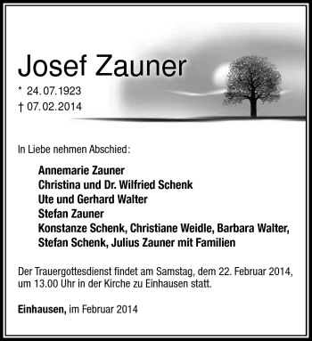 Traueranzeige von Josef Zauner von Südthüringer Presse