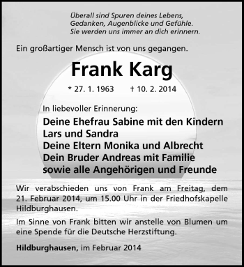 Traueranzeige von Frank Karg von Südthüringer Presse