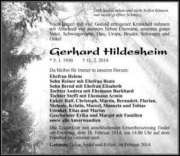 Traueranzeige von Gerhard Hildesheim von Südthüringer Presse